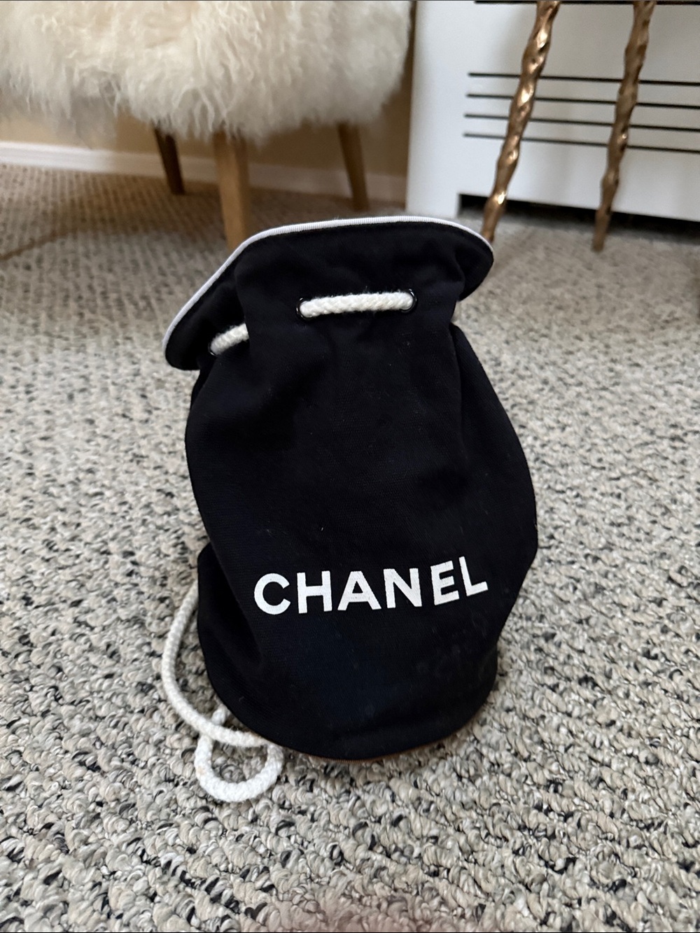 CHANEL Black Canvas Drawstring Pouch with White Rope bucket bag